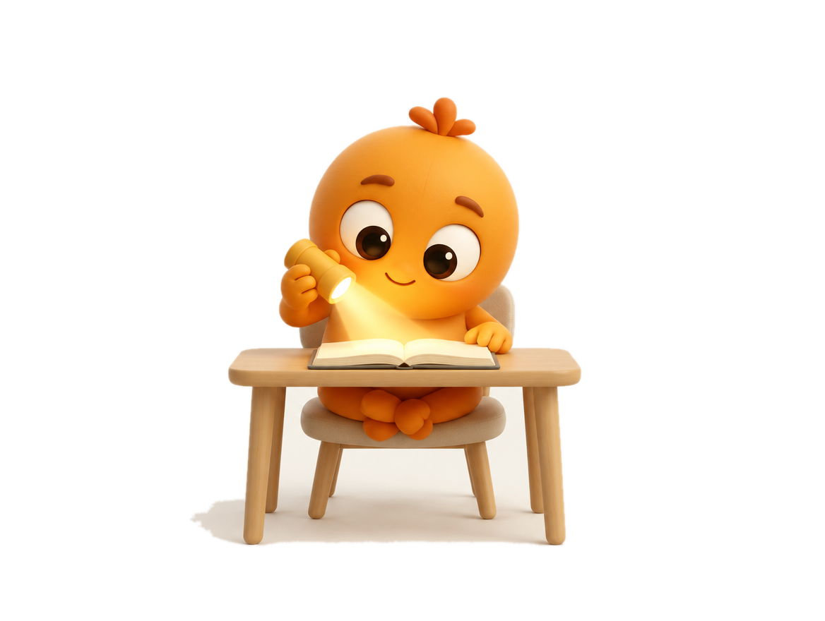 The BetterMind Focus character reading at a desk by flashlight